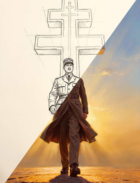 Esquisse au crayon du Général de Gaulle devant la croix de Lorraine, se transformant en peinture