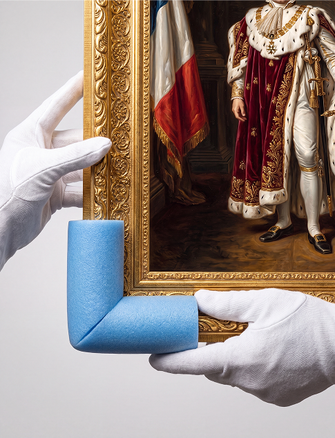 Mains gantées de blanc protégeant l’angle d’un tableau encadré avec une mousse de calage
